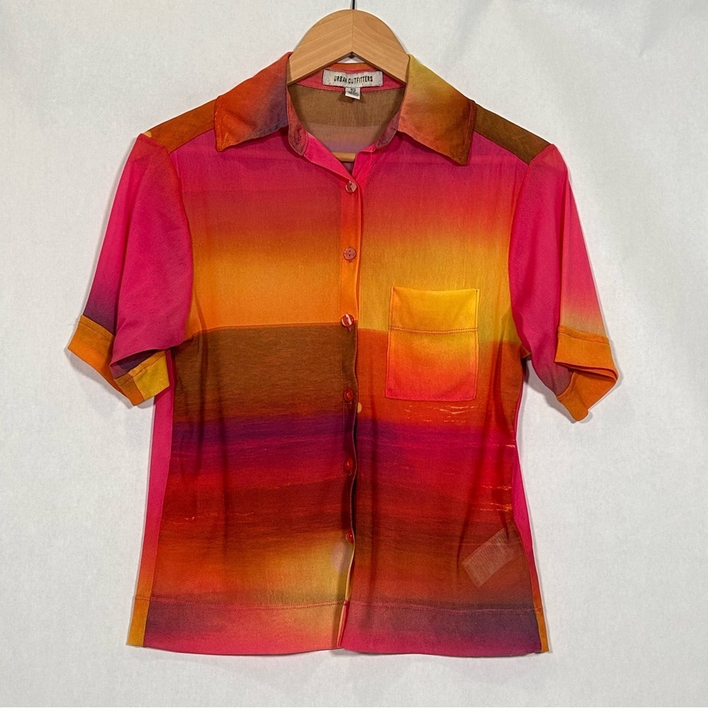 Urban Outfitters Multicolor Dixon Mesh Button-Down Striped Sunset Top